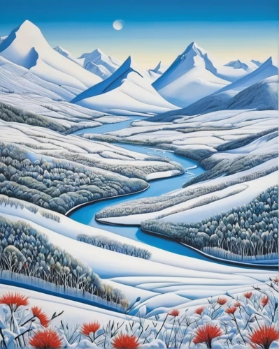 winter landscape,snow landscape,snowy landscape,salt meadow landscape,christmas landscape,ice landscape,snow scene,snowy mountains,snow fields,snowy peaks,mountain scene,mountain landscape,braided river,yukon territory,maligne river,mountainous landscape,river landscape,bow valley,heather winter,winter background,Art,Artistic Painting,Artistic Painting 33