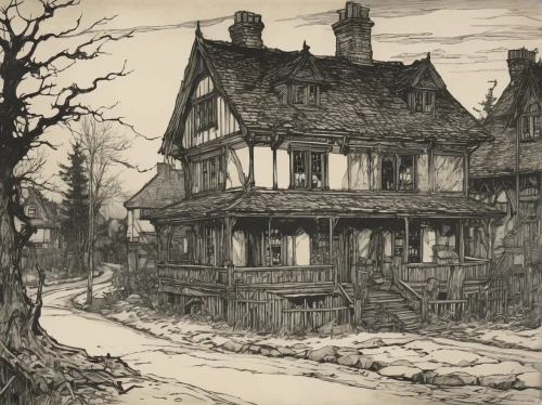 witch's house,half-timbered houses,witch house,half-timbered house,half-timbered,half timbered,house drawing,the haunted house,crooked house,old home,wooden houses,victorian,old houses,vintage drawing,arthur rackham,haunted house,creepy house,victorian style,lincoln's cottage,victorian house,Illustration,Retro,Retro 25