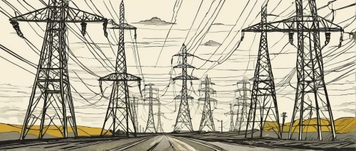 electricity pylons,pylons,powerlines,power lines,telephone poles,transmission tower,electricity pylon,electrical wires,power line,electrical grid,wires,electrical lines,power towers,power pole,high voltage pylon,overhead power line,radio masts,cables,pylon,telephone pole,Art,Artistic Painting,Artistic Painting 50