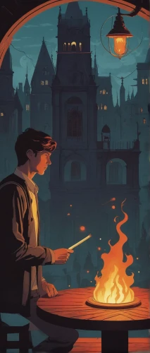 candlemaker,game illustration,fire artist,romantic dinner,fireside,fireplaces,gnomes at table,fire-eater,sci fiction illustration,tavern,lamplighter,cg artwork,aladdin,campfire,romantic night,hogwarts,cauldron,hearth,fireplace,feuerzangenbowle,Illustration,Paper based,Paper Based 01