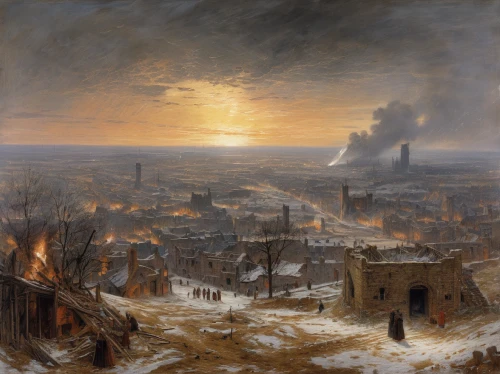 andreas achenbach,winter landscape,destroyed city,the conflagration,bethlehem,destroyed houses,hamelin,post-apocalyptic landscape,christmas landscape,burned land,night scene,city of wels,russian winter,dresden,waterloo,robert duncanson,tongeren,bremen,sweden fire,petersburg,Art,Classical Oil Painting,Classical Oil Painting 13