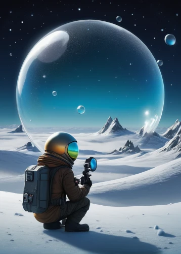 ice planet,frozen bubble,sci fiction illustration,snow globes,gas planet,spacesuit,earth rise,space art,lost in space,snowglobes,explorer,spacescraft,astronaut,astronomer,ice ball,robot in space,violinist violinist of the moon,cg artwork,snow globe,astronautics,Illustration,Abstract Fantasy,Abstract Fantasy 22
