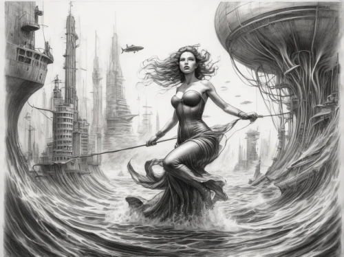 the sea maid,siren,sea fantasy,sci fiction illustration,fantasy art,the enchantress,tour to the sirens,girl on the river,heroic fantasy,venetia,water nymph,merfolk,rusalka,waterglobe,cybele,lady liberty,fantasy woman,fantasy picture,sorceress,lady justice,Illustration,Black and White,Black and White 35