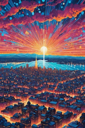 sky city,panoramical,rising sun,metropolis,city in flames,cityscape,tokyo city,fantasy city,skycraper,sunrise in the skies,futuristic landscape,city skyline,valerian,skyline,evening city,background image,tokyo,osaka bay,1986,1982,Illustration,Vector,Vector 21