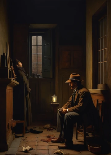 shoemaker,contemporary witnesses,watchmaker,consulting room,night scene,grant wood,the listening,church painting,clockmaker,lamplighter,man with a computer,dialogue window,pilgrim,men sitting,conversation,man praying,holmes,sebastian pether,evening atmosphere,cordwainer,Art,Classical Oil Painting,Classical Oil Painting 41