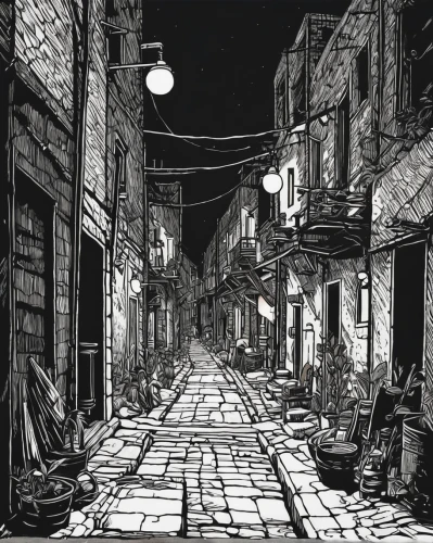 the cobbled streets,narrow street,night scene,medieval street,bethlehem,souk,damascus,blind alley,souq,david bates,old city,street scene,alley,bukchon,grand bazaar,slums,old linden alley,the street,pen drawing,townscape,Illustration,Vector,Vector 15