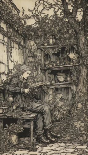 arthur rackham,charcoal nest,apothecary,wood and grapes,vintage drawing,pen drawing,hand-drawn illustration,cool woodblock images,work in the garden,sheet drawing,greengrocer,workbench,drawing course,tinsmith,game drawing,sewing room,garden shed,tavern,glean,tearoom,Illustration,Retro,Retro 25