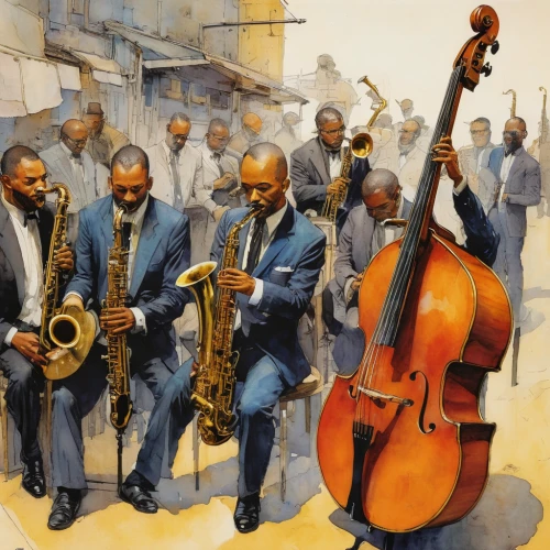 jazz,jazz club,musicians,big band,sfa jazz,marsalis,musical ensemble,jazz it up,brass band,blues and jazz singer,orchestra,orchesta,jazz silhouettes,street musicians,upright bass,string instruments,man with saxophone,symphony orchestra,black music note,instrument music,Illustration,Realistic Fantasy,Realistic Fantasy 06