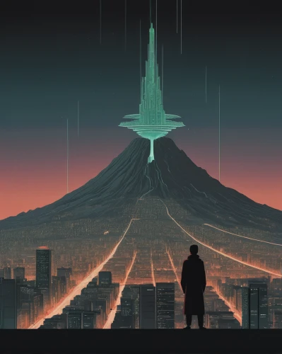 beacon,futuristic landscape,spire,monolith,scifi,sentinel,dystopian,cyberpunk,obelisk,cityscape,metropolis,wanderer,arrival,sci fiction illustration,sci-fi,sci - fi,tokyo,tokyo city,the skyscraper,space needle,Illustration,Japanese style,Japanese Style 08