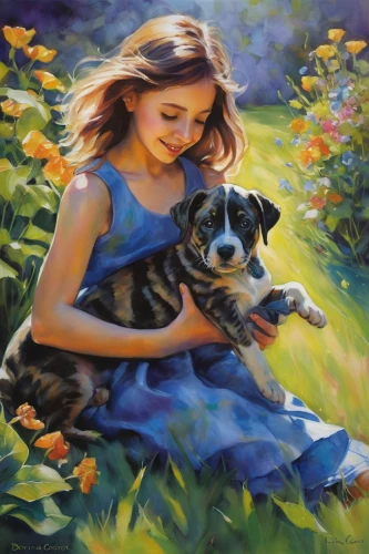 girl with dog,boy and dog,oil painting,oil painting on canvas,jack russell,jack russel,girl in flowers,romantic portrait,tenderness,companion dog,art painting,girl picking flowers,little boy and girl,puppy pet,girl in the garden,girl and boy outdoor,young girl,beautiful girl with flowers,the dog a hug,pet,Illustration,Realistic Fantasy,Realistic Fantasy 30