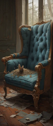 armchair,chaise,blue pillow,chaise lounge,wing chair,upholstery,chaise longue,settee,old chair,soft furniture,luxury decay,couch,floral chair,furniture,throne,loveseat,rocking chair,hunting seat,antique furniture,slipcover,Illustration,Realistic Fantasy,Realistic Fantasy 28