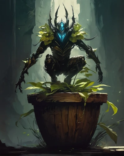 potted plant,sunroot,planter,rank plant,druid,plant and roots,cauldron,aquatic herb,lotus with hands,dark green plant,thorn,druid stone,garden pot,gardener,the collector,shaman,pot plant,growth icon,potted plants,goblin,Conceptual Art,Fantasy,Fantasy 06