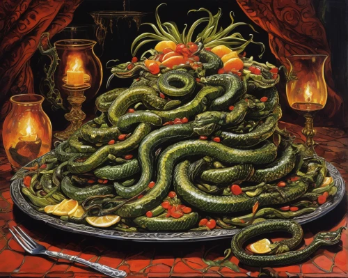 christmastree worms,green dragon vegetable,prussian asparagus,dolma,fiddlehead fern,medusa gorgon,noorderleech,snake pickle,cooking book cover,fusilli,culinary art,snake gourd,cornucopia,centrepiece,green paprika,greed,yule log,conchiglie,pesto,tentacle,Illustration,Realistic Fantasy,Realistic Fantasy 33