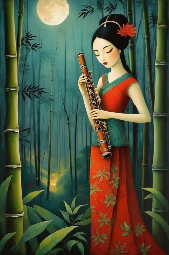 bamboo flute,geisha girl,chinese art,flute,oriental painting,the flute,traditional chinese musical instruments,flautist,japanese art,geisha,pan flute,woman playing,block flute,harp player,traditional vietnamese musical instruments,traditional japanese musical instruments,shakuhachi,oriental girl,panpipe,han thom,Art,Artistic Painting,Artistic Painting 29