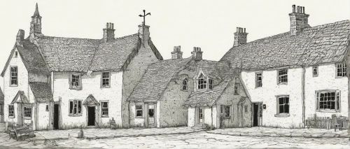 cottages,house drawing,old houses,row of houses,stone houses,townhouses,lincoln's cottage,medieval street,houses,elizabethan manor house,almshouse,town house,aberdeen,brixlegg,escher village,lovat lane,lithograph,half-timbered houses,tavern,falkland,Illustration,Paper based,Paper Based 22