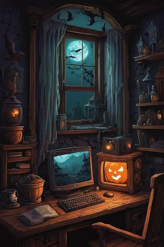 halloween background,witch's house,computer room,halloween wallpaper,halloween illustration,halloween scene,witch house,cartoon video game background,workspace,game illustration,study room,secretary desk,desk,background image,cabin,desktop,computer workstation,desktop view,retro halloween,sci fiction illustration,Illustration,Retro,Retro 20