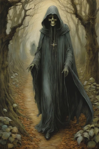 grimm reaper,dance of death,grim reaper,hooded man,reaper,danse macabre,pall-bearer,angel of death,death god,sleepwalker,death's-head,hollow way,helloween,hag,undead warlock,halloween poster,the mystical path,death's head,aaa,druids,Illustration,Realistic Fantasy,Realistic Fantasy 14