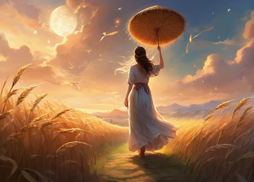 fantasy picture,dreams catcher,summer evening,lanterns,landscape background,little girl in wind,world digital painting,little girl with balloons,fantasy art,evening atmosphere,dandelion field,mid-autumn festival,dream world,daybreak,heliosphere,cosmos wind,parasol,summer solstice,fantasy landscape,sun moon,Illustration,Realistic Fantasy,Realistic Fantasy 01