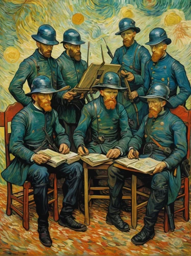 police officers,officers,the cuban police,police force,musicians,orchestra division,garda,law enforcement,police uniforms,orchestra,musical ensemble,criminal police,cavaquinho,policeman,soldiers,men sitting,police,vincent van gough,police work,military band,Art,Artistic Painting,Artistic Painting 03