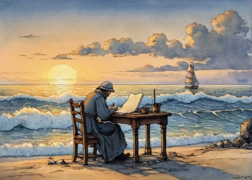 man with a computer,hans christian andersen,man at the sea,lev lagorio,scholar,seafarer,meticulous painting,writing-book,to write,publish a book online,vintage illustration,computing,writing desk,persian poet,writing about,writer,jrr tolkien,remote work,painting technique,italian painter,Illustration,Paper based,Paper Based 29