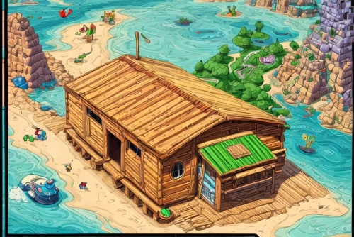 popeye village,log cabin,fishing village,fisherman's house,floating huts,treasure house,log home,fisherman's hut,noah's ark,boat shed,aqua studio,pirate treasure,wooden hut,seaside resort,pool house,floating islands,houseboat,resort town,summer cottage,house of the sea,Game Scene Design,Game Scene Design,Cartoon Style