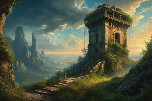 fantasy landscape,ancient city,ruined castle,fantasy picture,meteora,the mystical path,fantasy art,world digital painting,high landscape,the ruins of the,castle of the corvin,castle ruins,valley of desolation,watchtower,myst,ruins,heaven gate,hall of the fallen,landscape background,fairy chimney,Conceptual Art,Fantasy,Fantasy 05