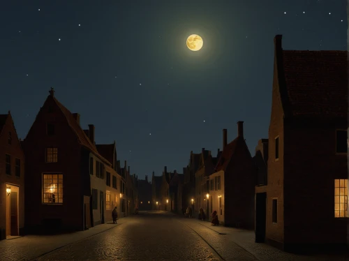 night scene,medieval street,the cobbled streets,houses silhouette,moonlit night,cobble,night image,cobblestone,old linden alley,bremen town musicians,nightscape,townscape,moonlit,night photograph,cobblestones,light of night,alley,evening atmosphere,street lights,cobbles,Art,Classical Oil Painting,Classical Oil Painting 41