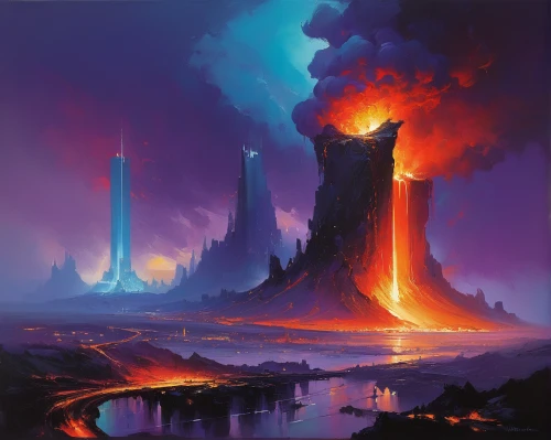 fantasy landscape,volcanic landscape,futuristic landscape,fairy chimney,pillar of fire,volcanic field,volcano,volcanism,volcanic,lava,volcanos,metallurgy,fantasy picture,the volcano,the ruins of the,fantasy world,burning earth,krafla volcano,mushroom landscape,arcanum,Conceptual Art,Sci-Fi,Sci-Fi 22