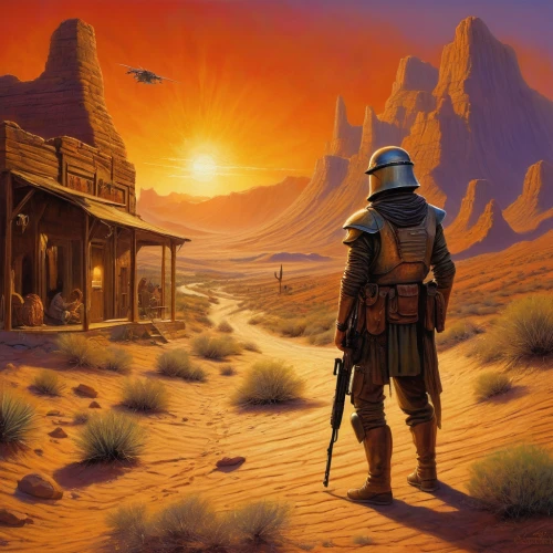 boba fett,desert landscape,desert desert landscape,desert background,guards of the canyon,the desert,wild west,capture desert,the wanderer,desert,sci fiction illustration,dune,dune landscape,cg artwork,stone desert,lone warrior,southwestern,dune 45,wanderer,erbore,Illustration,Realistic Fantasy,Realistic Fantasy 32