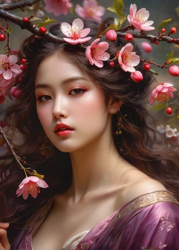 chinese art,jasmine blossom,plum blossoms,oriental painting,oriental princess,japanese floral background,plum blossom,japanese art,splendor of flowers,fantasy portrait,girl in flowers,flower painting,beautiful girl with flowers,geisha girl,oriental girl,world digital painting,flower fairy,the cherry blossoms,japanese sakura background,spring blossom,Conceptual Art,Fantasy,Fantasy 05