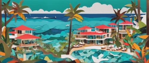 tropical house,seaside resort,tropical island,acapulco,beach huts,kohphangan,tropical beach,tropical sea,tropics,palmbeach,coconut trees,beach house,seaside view,watercolor palm trees,coastal landscape,beach hut,ocean paradise,resort,beach landscape,beach resort,Unique,Paper Cuts,Paper Cuts 07