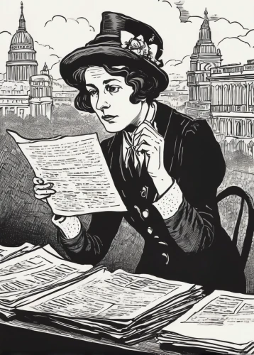 blonde woman reading a newspaper,reading magnifying glass,telegram,vintage ilistration,newspaper reading,newspaper delivery,paperwork,people reading newspaper,hand-drawn illustration,girl studying,reading the newspaper,suffragette,civil servant,vintage illustration,book illustration,journalist,newspaper advertisements,telephone operator,correspondence courses,mail clerk,Illustration,Vector,Vector 11