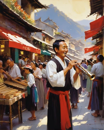 traditional chinese musical instruments,bamboo flute,the flute,yunnan,chinese art,bukchon,guizhou,pandero jarocho,huashan,traditional korean musical instruments,erhu,korean folk village,luo han guo,street musicians,korean culture,violin player,the pied piper of hamelin,italian painter,flute,xinjiang,Conceptual Art,Oil color,Oil Color 09