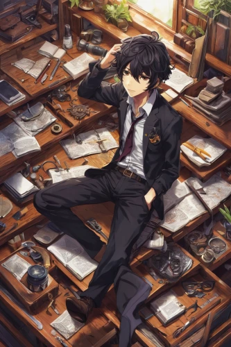 watchmaker,businessman,attorney,paperwork,apothecary,vanitas,detective,study room,classroom,violet evergarden,bookworm,black table,desk,waiter,butler,newscaster,pianist,tailor,desk top,navy suit,Illustration,Japanese style,Japanese Style 12