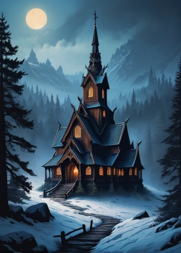 witch's house,winter house,witch house,snow house,lonely house,christmas landscape,wooden church,stave church,house in the forest,house in mountains,house in the mountains,the cabin in the mountains,nordic christmas,the haunted house,log cabin,winter background,winter village,haunted house,log home,black forest,Illustration,Realistic Fantasy,Realistic Fantasy 25