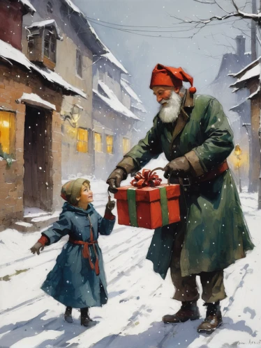 santa and girl,handing out christmas presents,christmas messenger,the gifts,santa claus,russian traditions,carol singers,gifts,carolers,father christmas,to collect chestnuts,st claus,opening presents,blonde girl with christmas gift,christmas scene,presents,children's christmas,peddler,santa claus with reindeer,saint nicholas' day,Illustration,Paper based,Paper Based 05