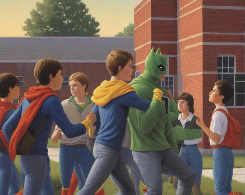 grant wood,green animals,hero academy,private school,high school,dino,brock coupe,pi kappa alpha,popular art,reptile,frog gathering,community college,a meeting,students,dinosaur,longneck,examining,dolphin school,school cone,the herd,Art,Artistic Painting,Artistic Painting 48