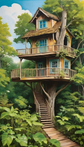 tree house,tree house hotel,treehouse,house in the forest,tree top,stilt house,wooden house,house painting,studio ghibli,house with lake,treetop,treetops,tree tops,timber house,two story house,hanging houses,tropical house,sky apartment,log home,tree top path,Illustration,Paper based,Paper Based 06