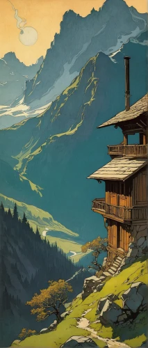 mountain huts,house in mountains,house in the mountains,mountain hut,mountain settlement,alpine village,alpine pastures,alpine hut,the cabin in the mountains,home landscape,mountain village,roof landscape,mountain scene,mountain landscape,mountainside,wooden houses,mountain station,lonely house,high alps,japanese alps,Illustration,Retro,Retro 03