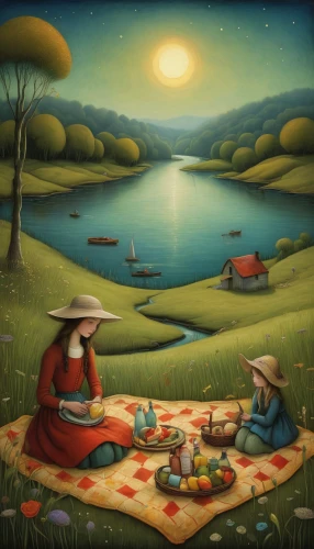 picnic,gnomes at table,tea party,picnic boat,campsite,camping,fishing camping,campground,idyll,game illustration,romantic scene,picnic table,summer evening,gnome and roulette table,picnic basket,mushroom landscape,whimsical animals,campfire,chess game,romantic dinner,Illustration,Abstract Fantasy,Abstract Fantasy 09