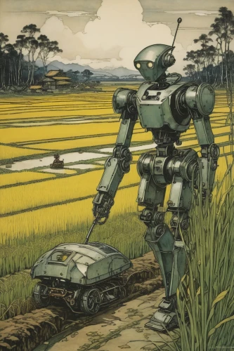 military robot,robot combat,droids,robots,lawn mower robot,robotics,lost in war,robot,mecha,mech,droid,robotic,patrol,patrols,bot,bot training,post apocalyptic,field cultivation,sci fiction illustration,boba,Illustration,Retro,Retro 25