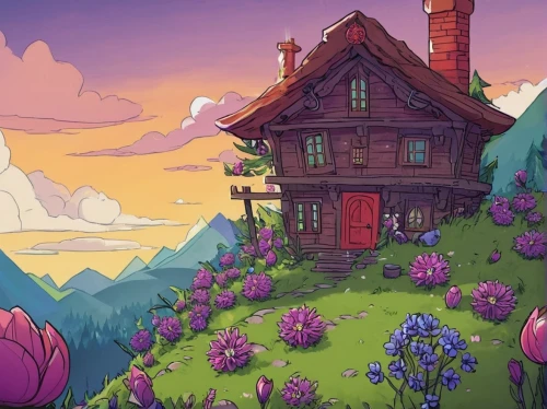 witch's house,dandelion hall,fairy house,house silhouette,house in the forest,cartoon video game background,little house,beautiful home,lonely house,home landscape,idyllic,summer cottage,house in mountains,house in the mountains,small house,purple landscape,the cabin in the mountains,free land-rose,witch house,treehouse,Illustration,Paper based,Paper Based 27