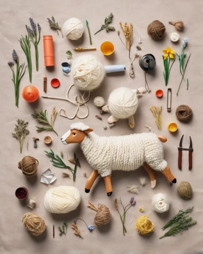 food collage,food styling,sheep knitting,whimsical animals,vegetables landscape,foragers,food icons,bread ingredients,small animal food,clay packaging,snowy still-life,preserved food,farm animals,cornucopia,sheep cheese,animal product,livestock,knitting wool,food ingredients,miniature figures,Unique,Design,Knolling