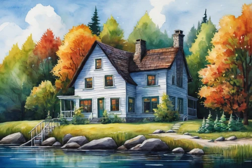 house with lake,cottage,summer cottage,home landscape,fisherman's house,house in the forest,country cottage,autumn landscape,house painting,house by the water,fall landscape,house in mountains,autumn idyll,little house,small house,lonely house,autumn background,landscape background,small cabin,house in the mountains,Conceptual Art,Daily,Daily 34