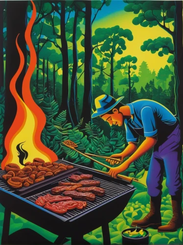 barbeque,barbecue,barbacoa,anticuchos,outdoor cooking,david bates,bbq,forest workers,filipino barbecue,barbecue area,cooking book cover,grilled food,barbeque grill,pork barbecue,grilling,painted grilled,farmer in the woods,chicken barbecue,barbecue torches,carne asada,Conceptual Art,Daily,Daily 19