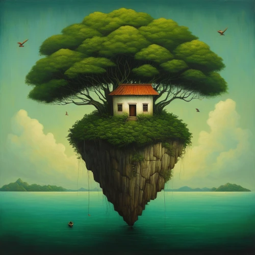 island suspended,floating island,tree house,flying island,isolated tree,islet,mushroom island,bird island,an island far away landscape,floating islands,treehouse,tropical tree,world digital painting,island,green tree,mushroom landscape,islands,uninhabited island,green island,the island,Illustration,Abstract Fantasy,Abstract Fantasy 17