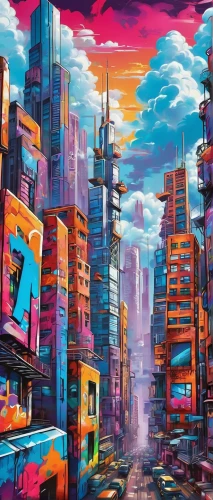 colorful city,cityscape,tokyo city,tokyo,cyberpunk,taipei,shinjuku,urban,fantasy city,metropolis,futuristic landscape,osaka,city,colorful background,graffiti art,shanghai,the city,dystopia,cities,city blocks,Conceptual Art,Graffiti Art,Graffiti Art 09