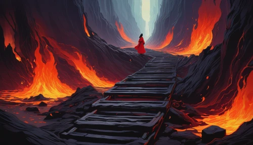 lava cave,lava,lava tube,door to hell,fire ladder,lava river,valley of death,fire background,scorched earth,hollow way,descent,inferno,fire mountain,magma,volcanic,fire in the mountains,burning earth,ravine,pillar of fire,lava flow,Illustration,Japanese style,Japanese Style 21