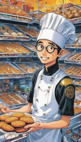 bakery,pastry chef,bakery products,pizza supplier,chef,malasada,pastries,pastry shop,confectioner,chef's uniform,chocolatier,baking cookies,baking,curry puff,cookies,food processing,sweet pastries,baking bread,freshly baked buns,bake cookies,Illustration,Japanese style,Japanese Style 05