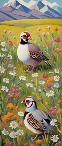 chukar partridge,zebra finches,chukar,zebra finch,australian zebra finch,goldfinches,killdeer,bird painting,sparrows,finches,chipping sparrow,puffins,flower and bird illustration,white crowned sparrow,songbirds,spring bird,american tree sparrow,garden birds,pheasant's-eye,american rosefinches,Art,Artistic Painting,Artistic Painting 05